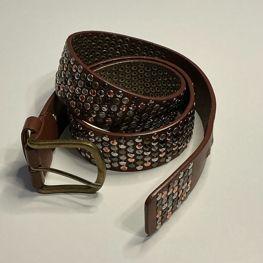 Metallic Studded Brown Leather Belt with Distressed Gold Buckle ~ Fits 35”to 39”